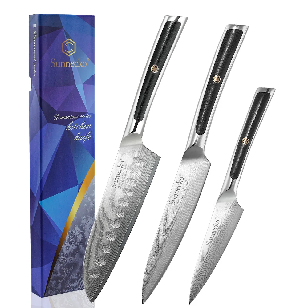 

Elite Small 3PCS Kitchen Knives Set Sharp Damascus Steel VG10 Core Blade Cut Utility Chef's Slicing Paring Cutlery Tools