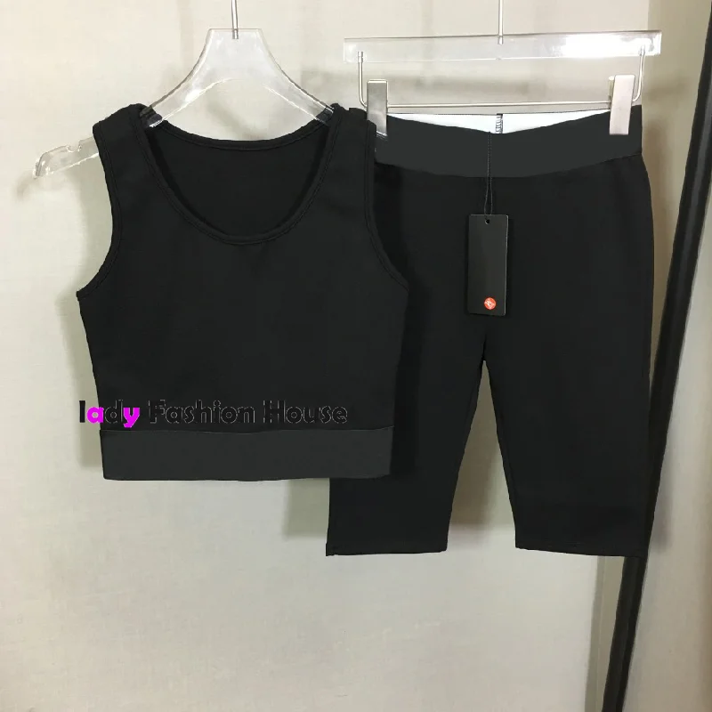 

luxury design yoga sports leisure suit letter webbing waist closing vest short sleeve suspender + elastic slim high waist pants