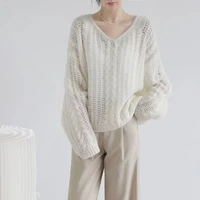 spring and autumn new french fashion casual womens soft loose sleeves lazy lightweight hollow v neck pullover knit sweater