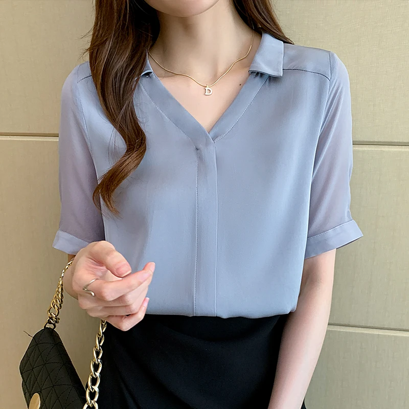 

2022 Summer Short Sleeve Woman Tops Solid Blue Color Chiffon V-Neck Blouse Women Office Lady Pullover Thin Shirts For Women