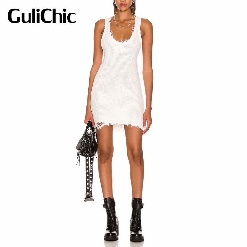 

3.12 GuliChic High Street Fashion Ripped Hole Frayed Design Scoop Neck Stretch Knitted Slim Tank Dress Women