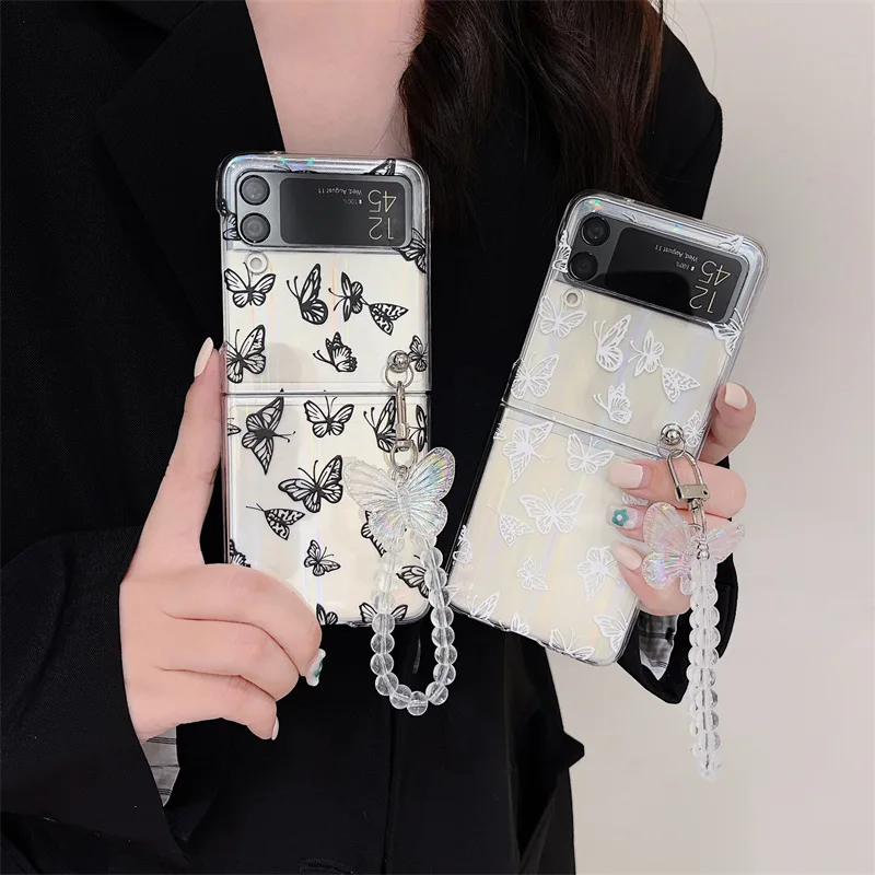 

Black White Butterfly Transparent Case for Samsung Galaxy Z Flip 3 Z Flip 4 Hard PC Back Cover for ZFlip3 ZFlip4 Case Shell