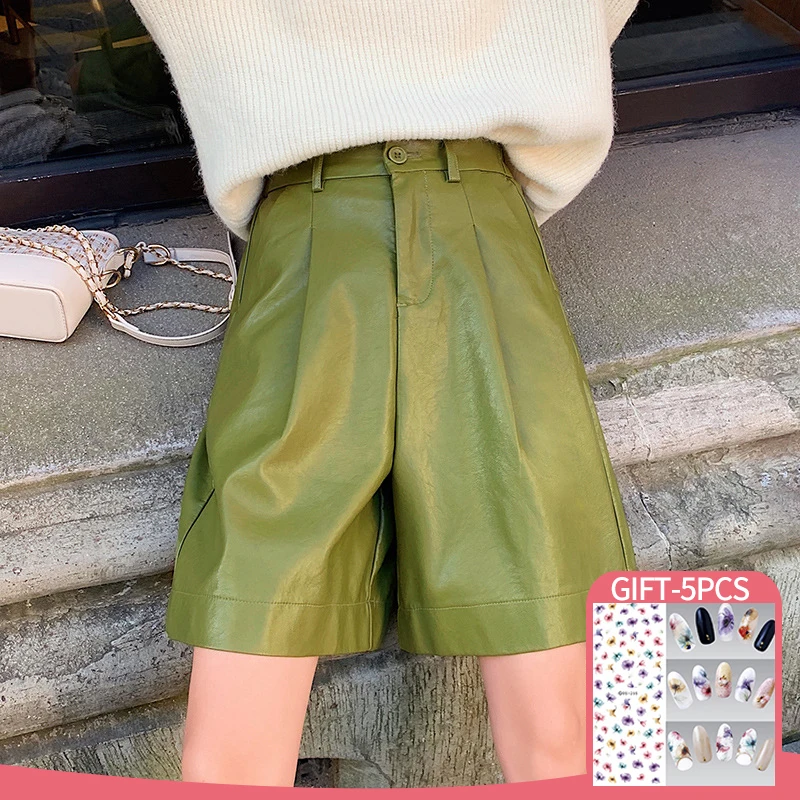

Fashion PU Leather Shorts Women's Autumn Winter Casual Elastic Waist Wide Leg Loose Five Points Leather Trouser Straight Shorts