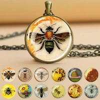 honey bee pendant necklace queen bee honeycomb bee garden glass cabochon vintage women necklace insect nature jewelry gift
