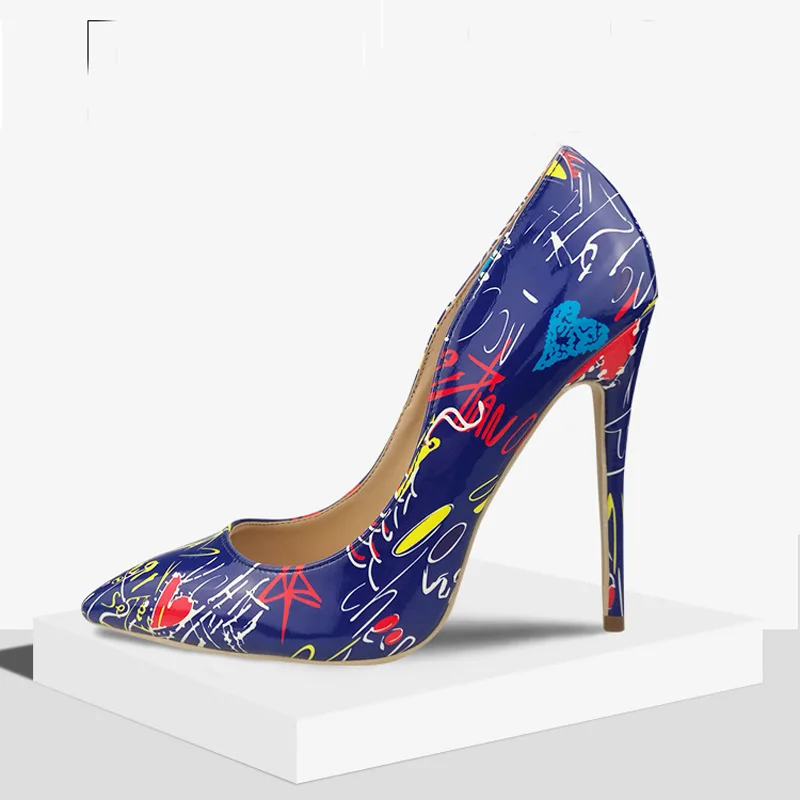 

New Fashion Graffiti Womens High Heel Shoes Print Shallow Ladies Pumps Women Heel White Black Blue