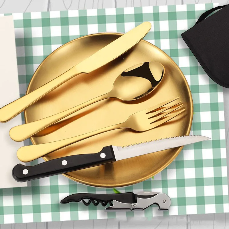 

Portable Outdoor Stainless Steel Cutlery Knife Fork Spoon Sets Western Steak Knife Plate Tableware Picnic Travel Cutlery Set