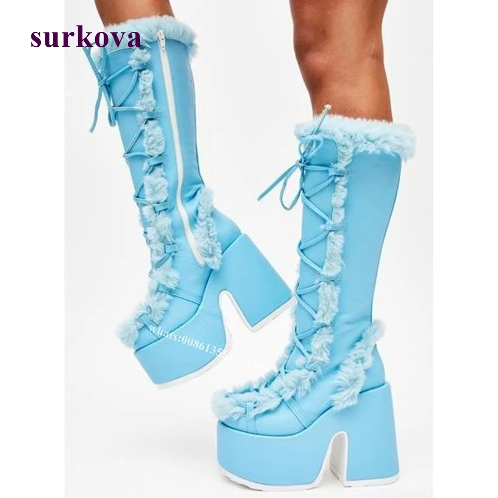 Blue High Platform Knee High Boots Round Toe Cross Tied Boots Chunky Heel Lace Up Fur Winter Womens Shoes Casual Suede Leather