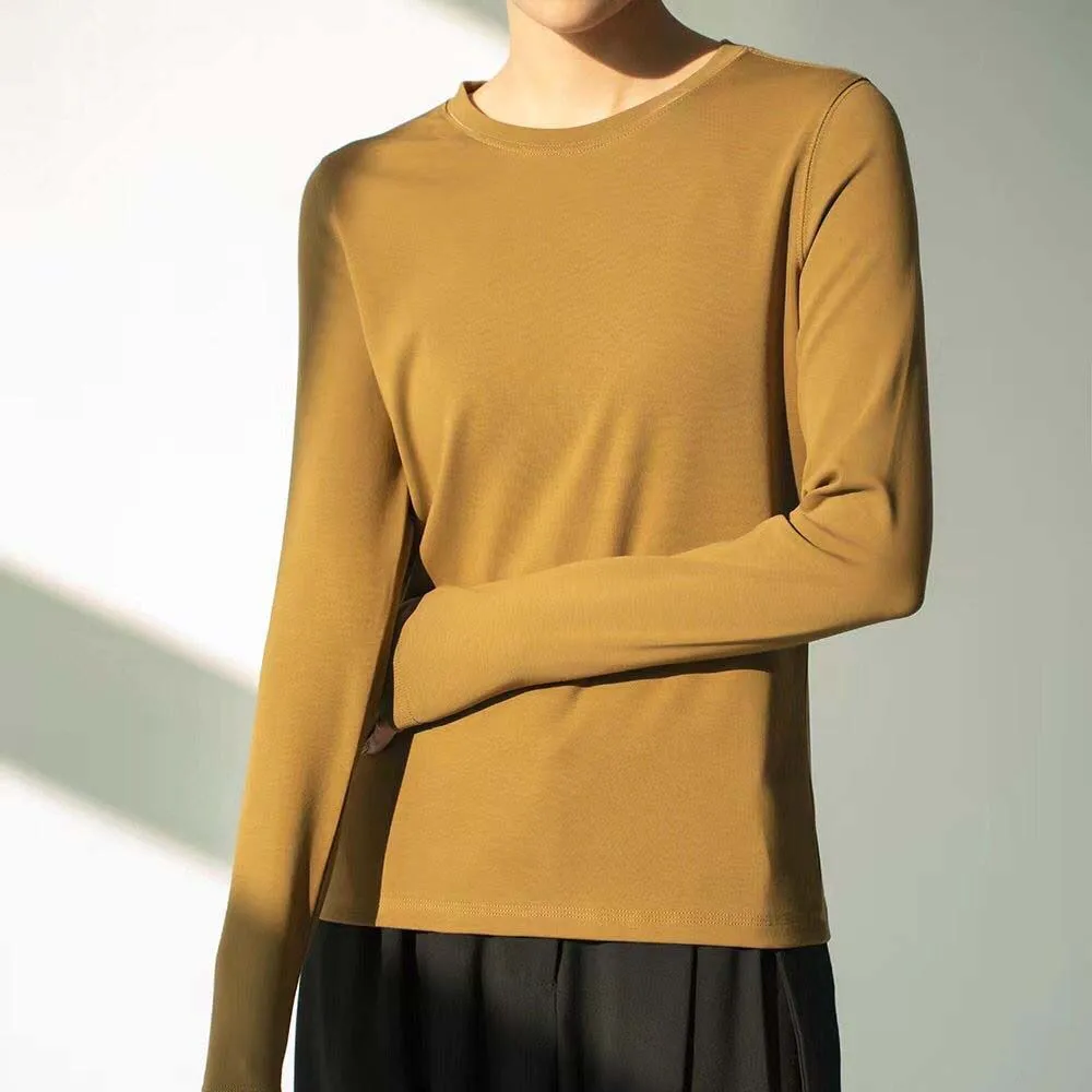 

2023 95% Cotton Slim Stretch T Shirt Women Long Sleeve Round Neck Solid Fitting Casual Basic Tee Top Free Shipping