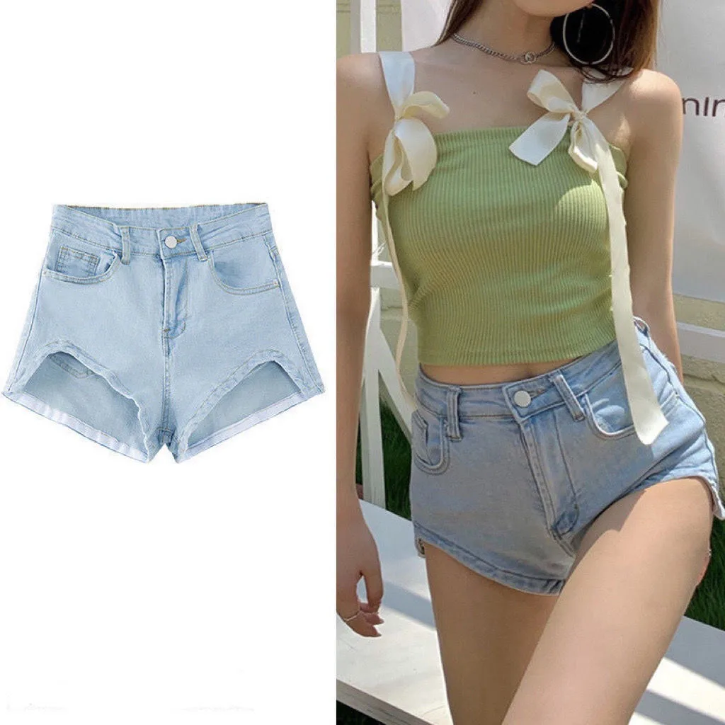 

2022 New Summer Fashion Women Light Blue Denim Shorts Female Bottoms High Waist Irregular Bodycon Ultra Short