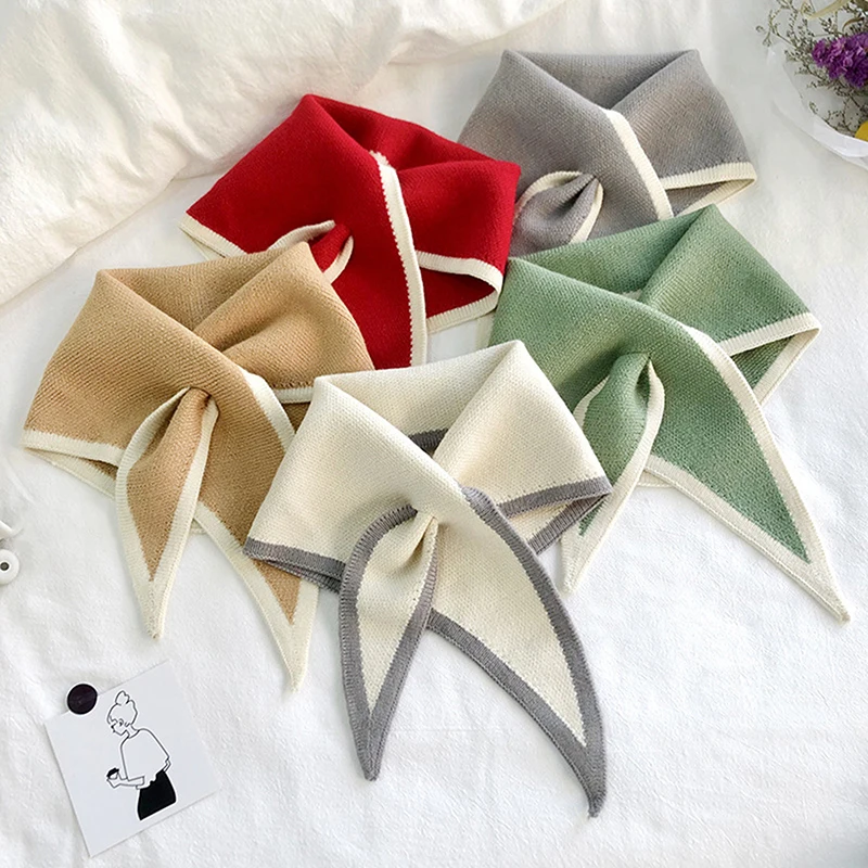 

Winter Women Triangular Scarves Woolen Knit Elastic Bow Cross Warm Scarf Female Solid Color Soft False Collar Neck Guard Bib