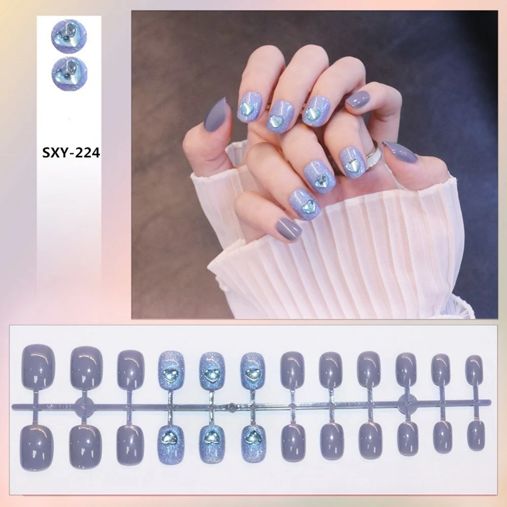 

24Pcs Glossy Light Blue False Nail Short Crystals Fake Nail for Women and Girl Removable Fake Nail Pieces Artificial Nail Art RP