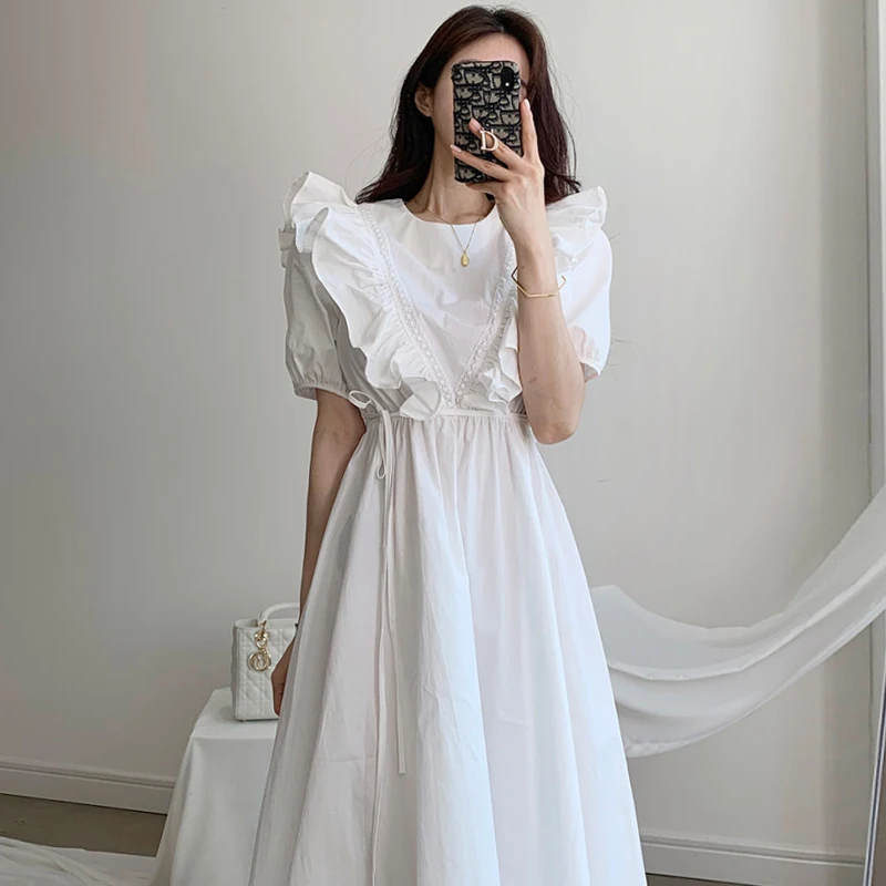 

SuperAen Chic Summer Vintage Elegant Round Neck Stitching Ruffle Design Lace Up Waist Puff Sleeve Dress Women