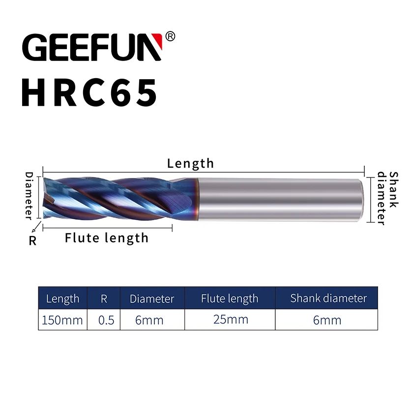 

GEEGUN D.i.a 6R0.5mm / Length 150mm High Precision Long Carbide Corner Radius Milling Cutter with 4 Flutes