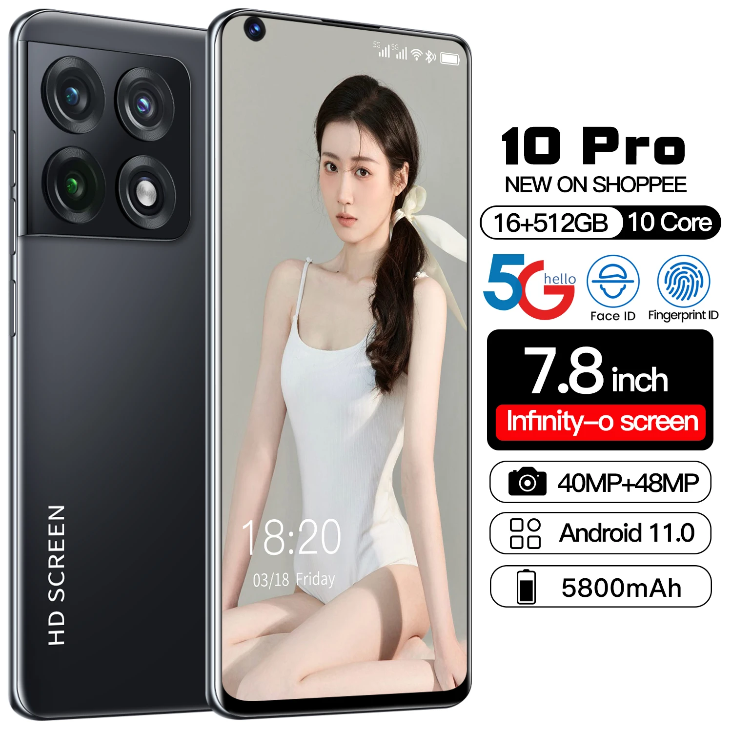 

Global Version 10 Pro 5G Smartphone 7.8 Inch MTK6889 10 Core 48MP HD Camera Mobile Phone Unlocked Android 11 Cellphones