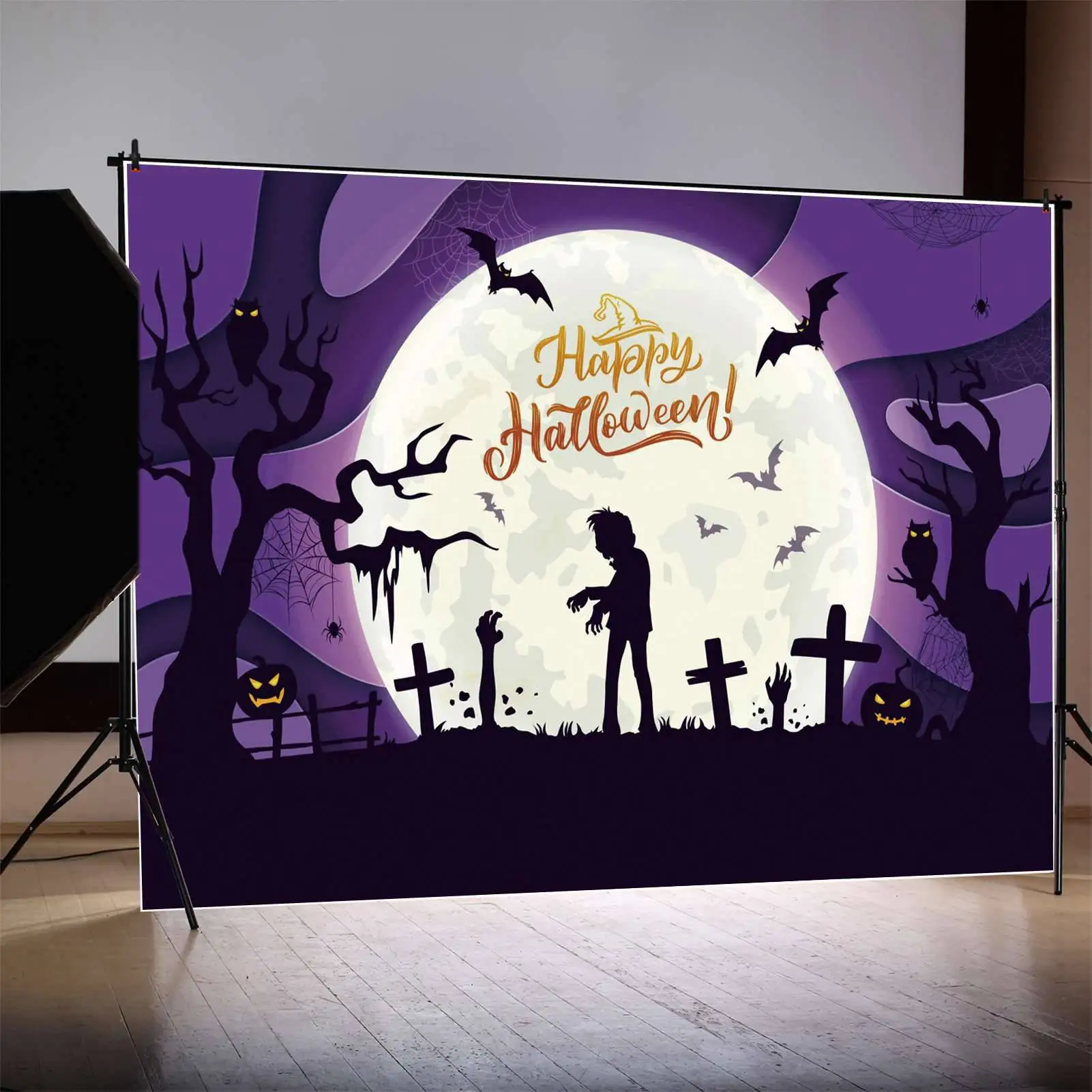 

MOON.QG Backdrop Happy Halloween Banner Zombie Tombstone Decor Background Jack O Lantern Spider Web Owl Tree Branch Photo Booth