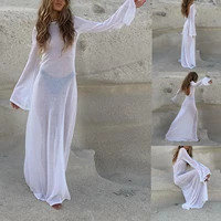 women sexy backless sheer mesh dress swimsuit cover ups ladies solid color sheer long sleeve full length dress for bathing suit