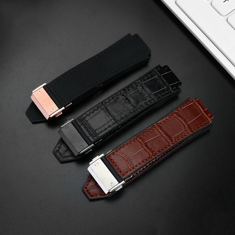 Genuine Leather Watch Band For Hublot Big Bang Series Cowhide Strap Men Wristband With Tools Accessories Black Brown 26*19mm