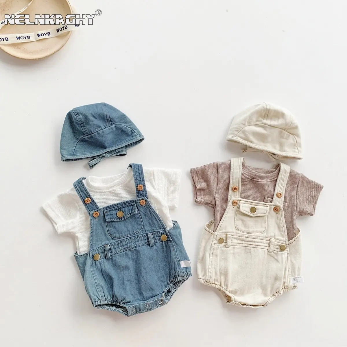 Summer Infant Baby Girls Boys Sleeveless Denim Buttons Overalls Kids Fashion Clothing Cotton Jumpsuits Gift Hat Bodysuits