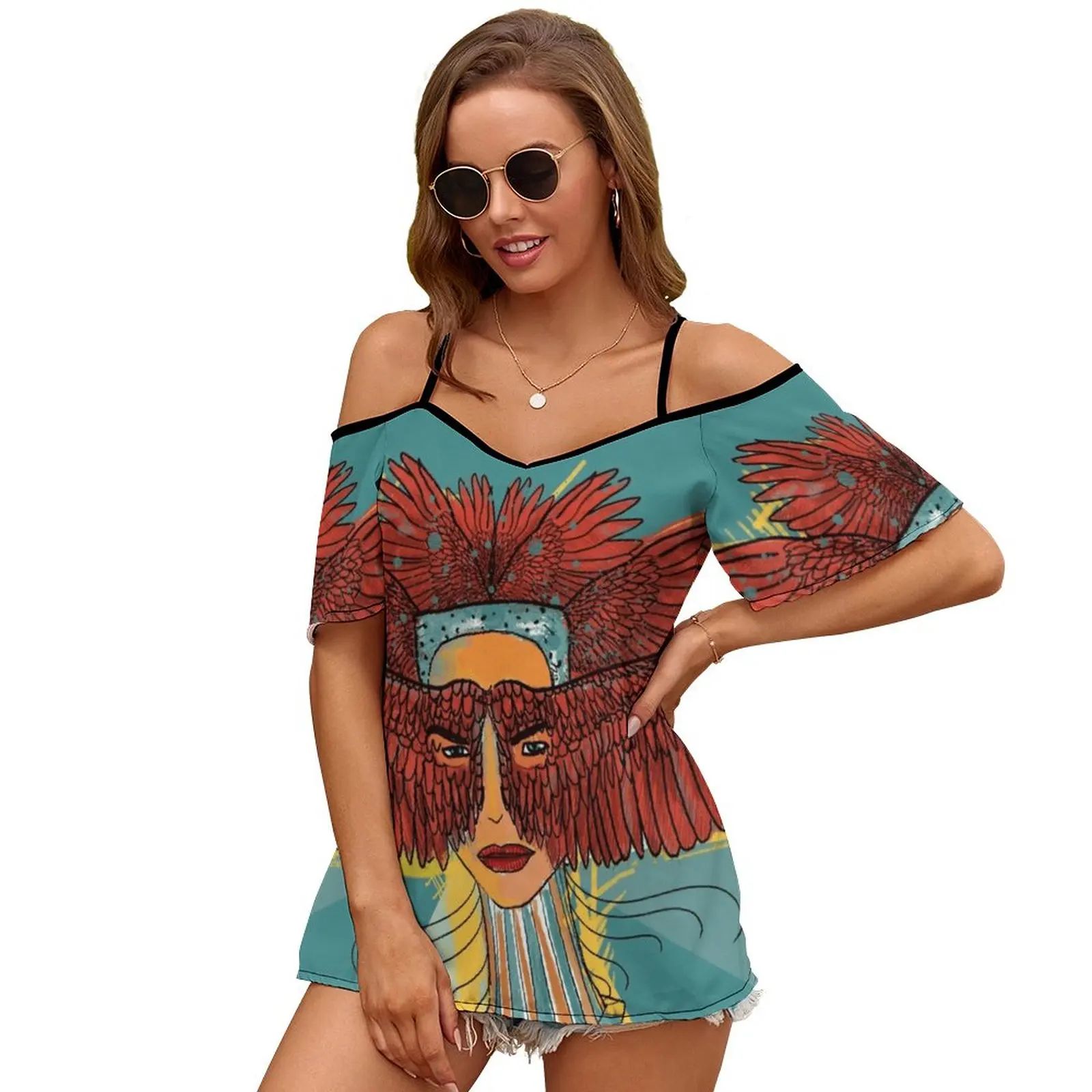 Женская футболка с круглым вырезом, открытыми плечами и короткими рукавами