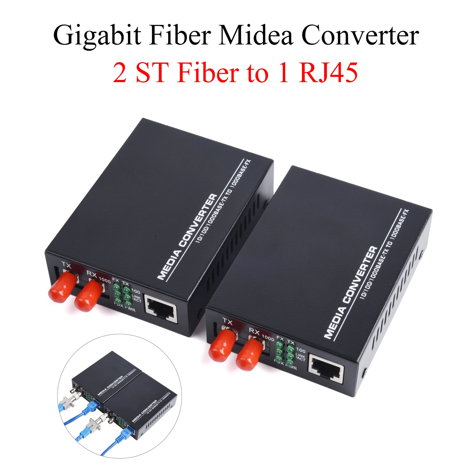Gigabit Fiber Optical Media Converter Switch 100/1000M Single Mode Multimode UPC/APC 2 ST-Port to 1 RJ45 Fiber Transceiver Kit