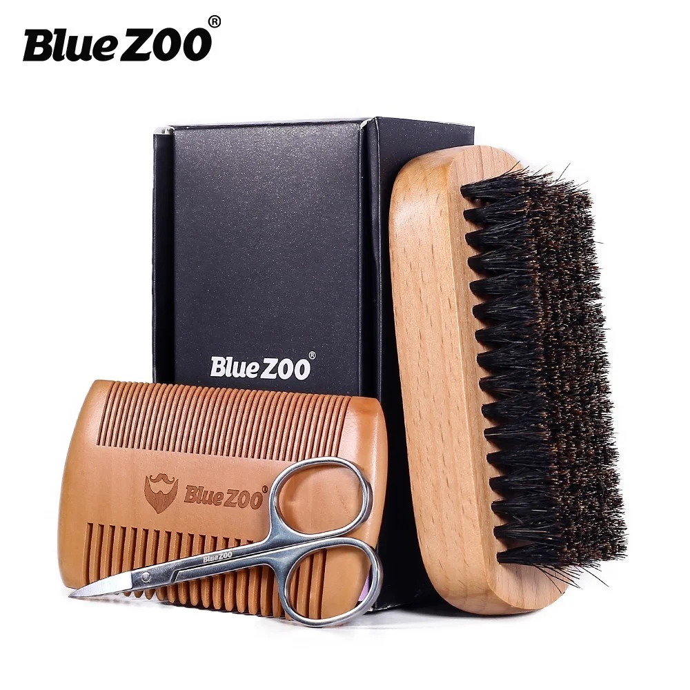 

3 piece set Blue Zoo Men Boar Hair Bristle Beard Brush Shaving Comb Face Massage Handmade Yellow Mustache Brush 2096