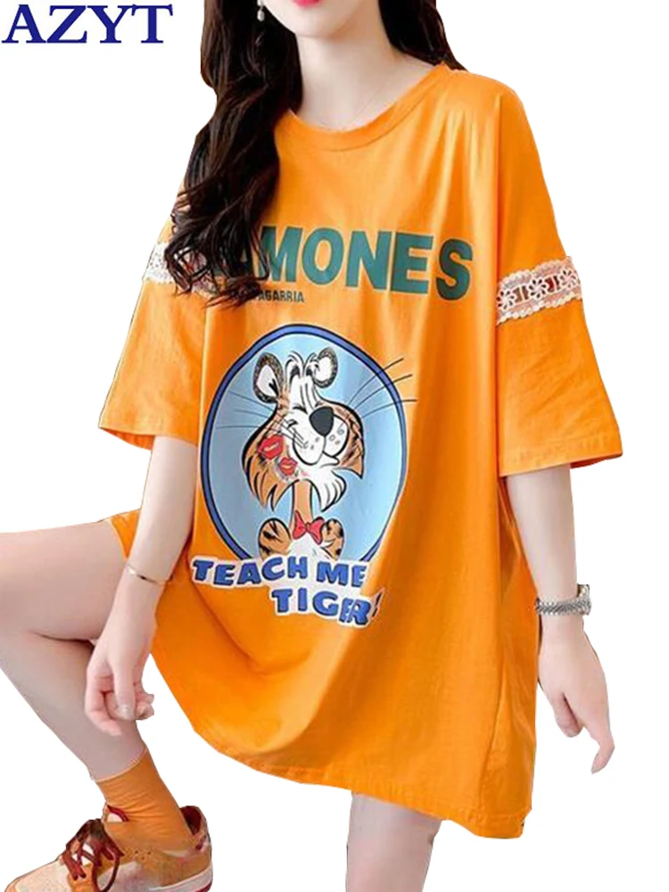 

AZYT Cartoon Print Short Sleeve Women T Shirts Summer Loose Oversized Tee Shirt Tops Female 2022 Patchwork Casual Camisetas