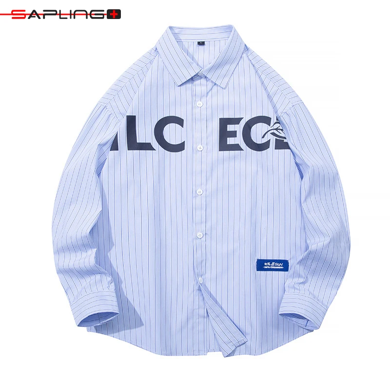 

Japan Style New Men Shirts Long Sleeve Striped Shirts Men's Loose Lapel Jacket Men Casual Fashion Letter Shirt Top Solid Color