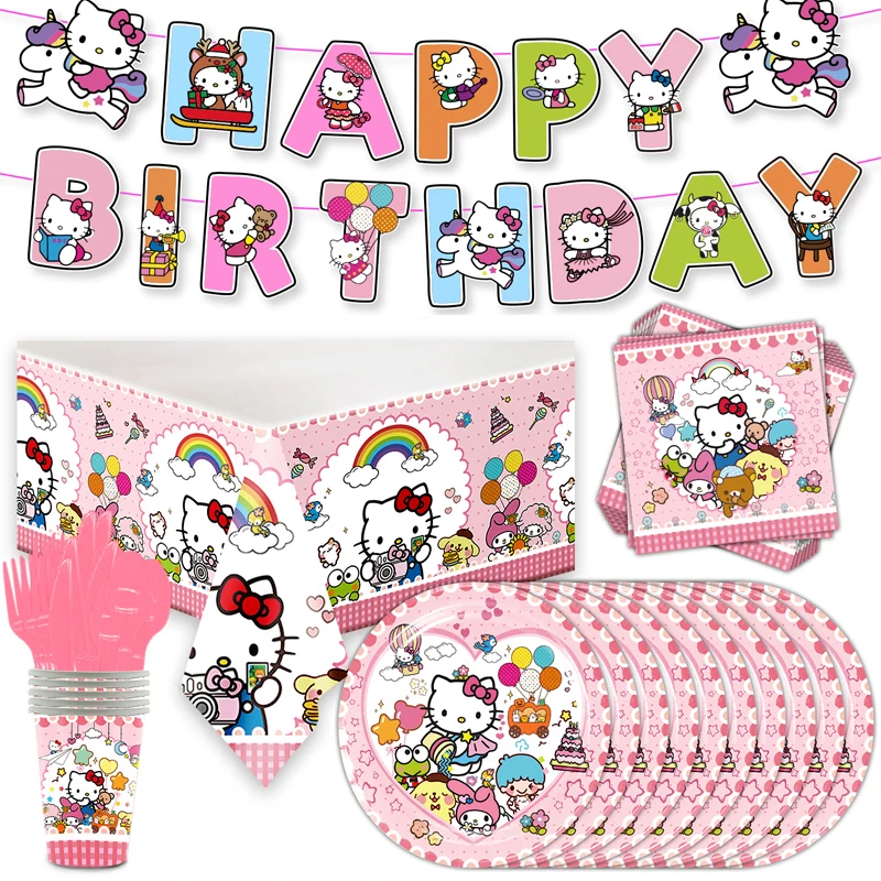 

86pcs/lot KT Cat Theme Forks Tablecloth Happy Birthday Banner Party Plates Cups Decoration Baby Shower Napkins Spoons Knife