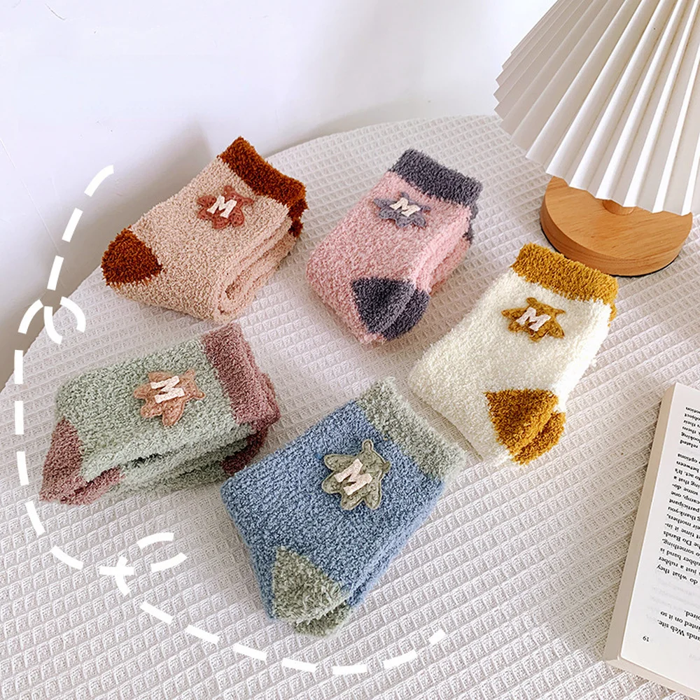 5 Pairs Autumn and Winter Women Coral Fleece Bear Cute Home Floor Sleep Socks Harajuku Sweet and Cute Warm Women Socks