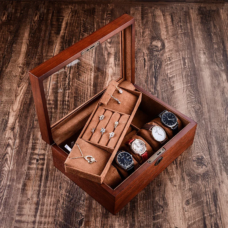 Retro Multifunctional Solid Wood Watch Box Jewelry Box High-end Ring Pendant Watch Storage Box Exquisite Packaging Box enlarge