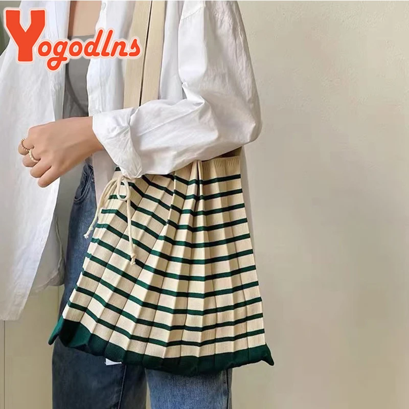 

Yogodlns зимняя вязаная сумка на плечо для женщин, плиссированная полосатая сумка для покупок, Повседневная сетчатая тканая сумка для девочек, ...