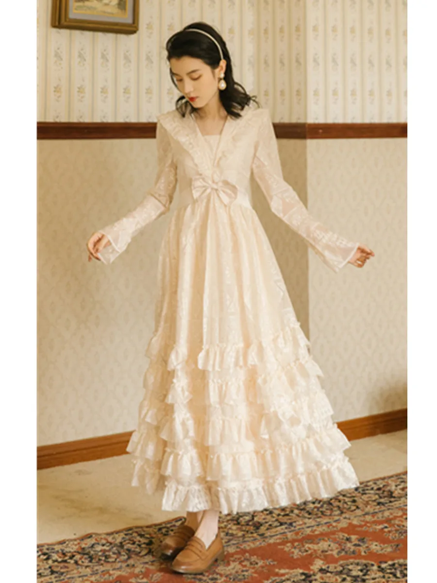 Новинка 2024 белое платье с бантом откидным воротником и длинным рукавом сказочное