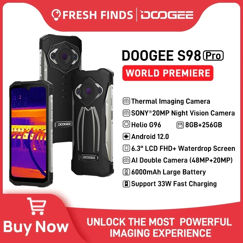 Прочный телефон DOOGEE S98 Pro с тепловизионной камерой, телефон с камерой 20 МП, сотовый телефон с ночным видением Helio G96 8 + 256 ГБ, телефон 6,3 дюйма
