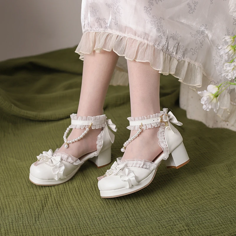 Adorable Side Open Lolita Women Sandals with Playful Sweet Delicate Bow Beaded Detail and Lace Trim Girls Platform Summer Shoes