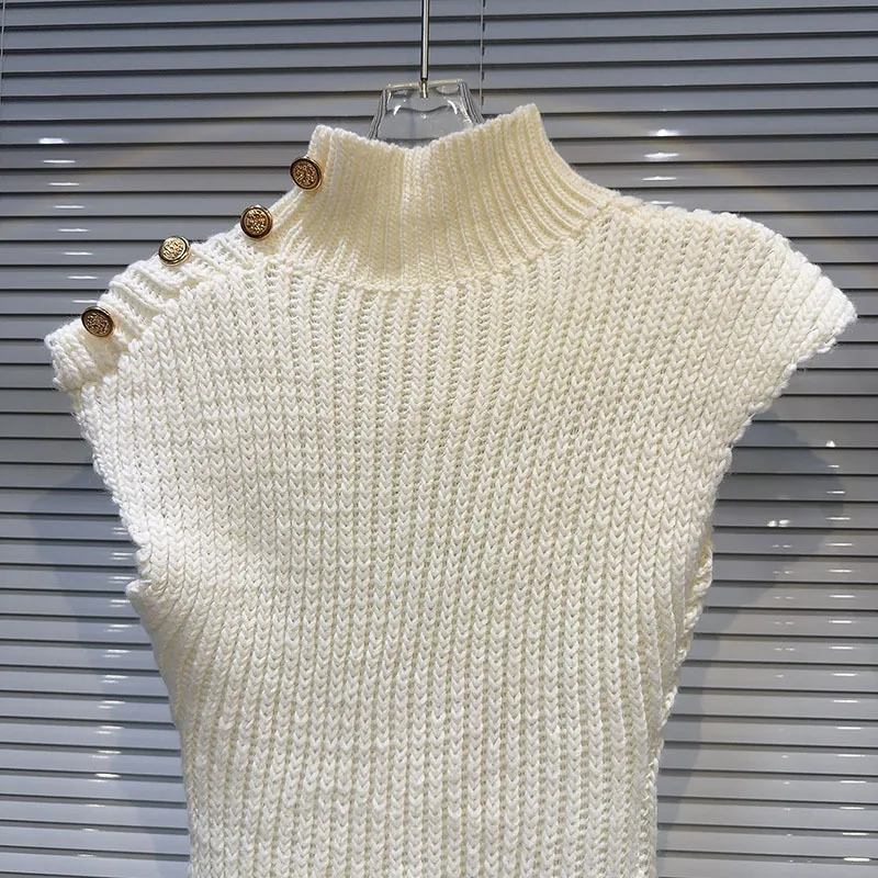 DEAT Нишевый вязаный жилет с металлической пряжкой и полувысоким воротником для