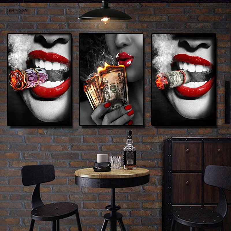 

Hotel Bar Decoration Painting Woman Smoking，woman with Burning Dollars Money Canvas Posters Unique Wall Art Pictures Wall Decor