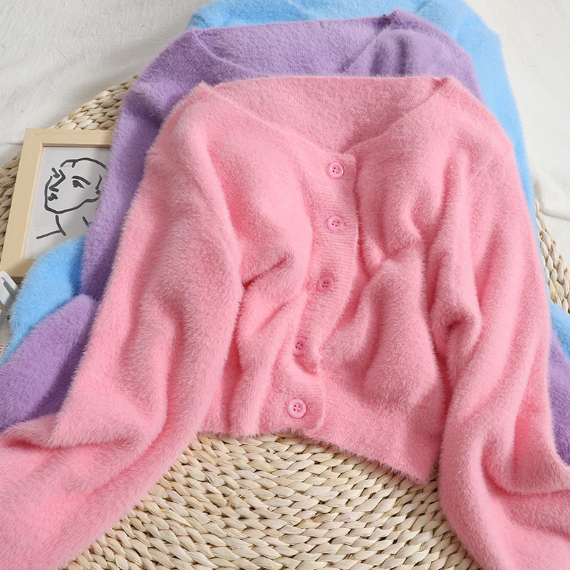 

Soft mohair sweater jacket womens cardigans autumn new style solid color short Korean cardigan jacket women Sweater coats