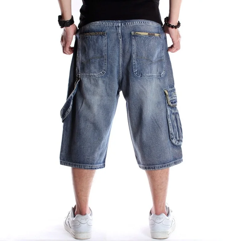 Summer Men's Wide Leg Denim Shorts Loose Straight Skating Pants Multi-pocket Shorts Middle Pants Jeans Plus Size