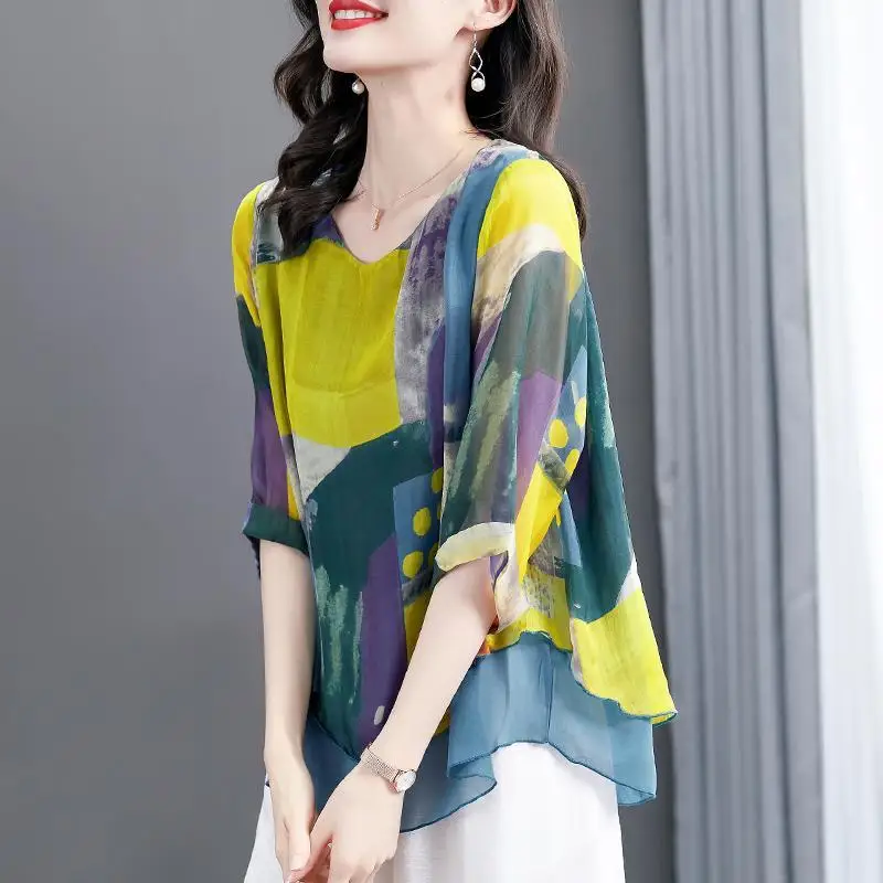 

Vintage Printed Spliced 3/4 Sleeve Loose Chiffon Blouse Summer Casual O-Neck Tops Oversized Elegant Women Clothing Commute Shirt