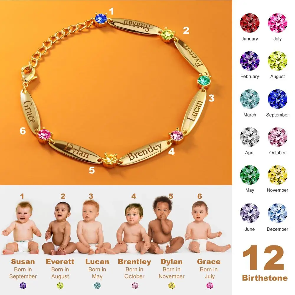 

Custom Name Bracelet Personalized Engraving Name Bracelet DIY 12 Birthday Stone Bracelet Custom Baby Bracelet Mother's Day