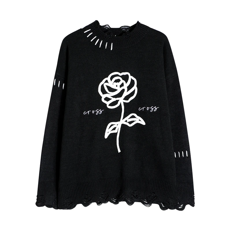 

Harajuku Floral Letter Print Thread Drawstring Ripped Hem Black Sweater for Men and Women Crew Neck Hip Hop Casual Pullover Tops
