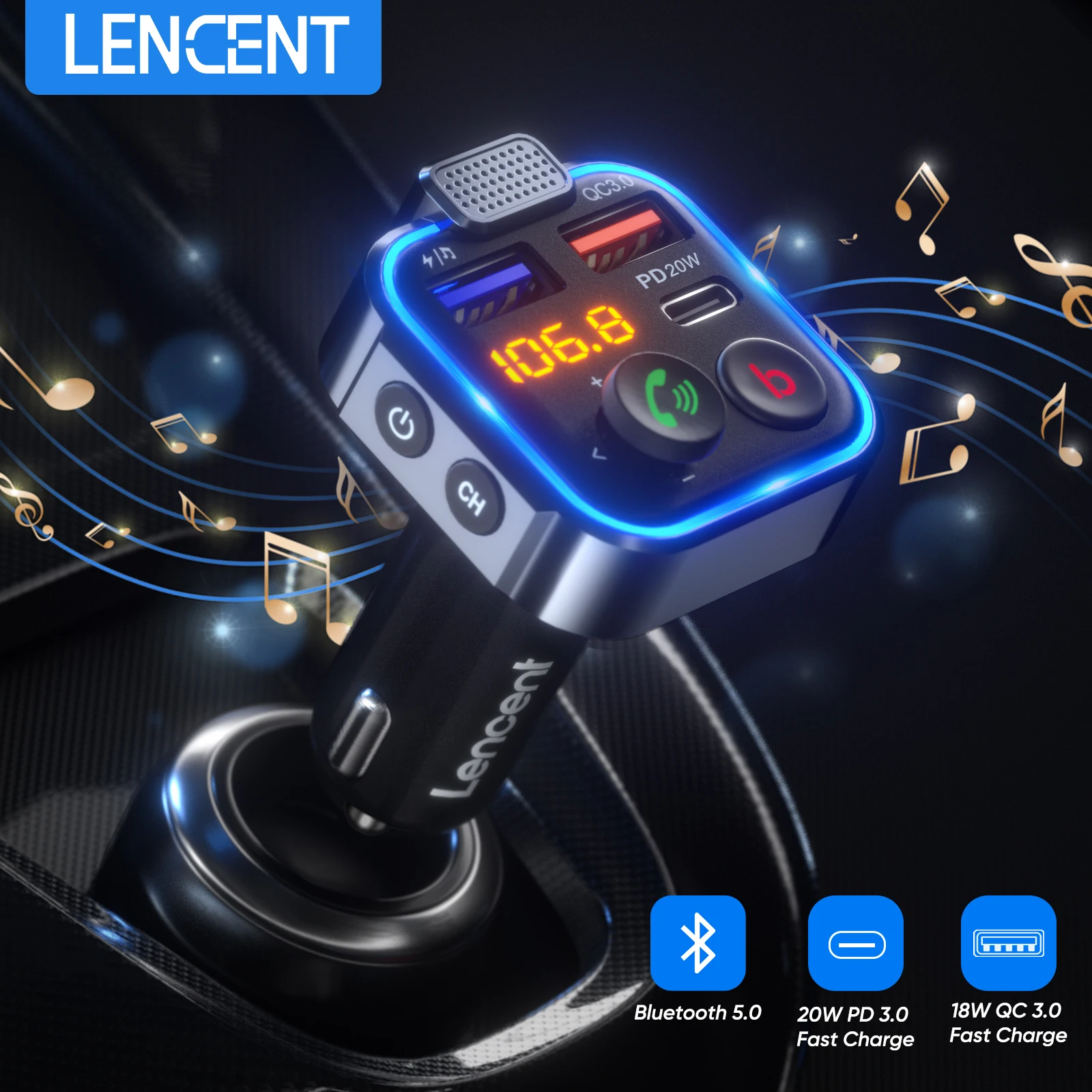 LENCENT FM-трансмиттер беспроводной Bluetooth 5 0 автомобильный комплект громкой связи