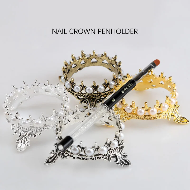 

1Pcs Metal Nail Brush Pen Rack Stand Holder Glitter Crown Pearl Design Manicure Nail Art Tools Pen Showing Shelf