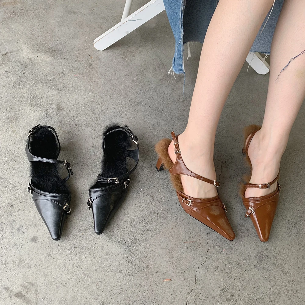 

Pointed Toe Women Sandals 2023 New Arrivals Belt Buckle Back Zipper Belt Design Thick Mid Heels PU Leather Dress Shoes Woman 39