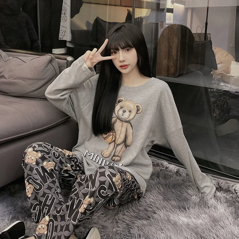QWEEK Pajama Set Women Sleepwear Kawaii Bear Couples Pijamas Spring Autumn Nightwear Same Style for Men and Female Loose Pyjamas