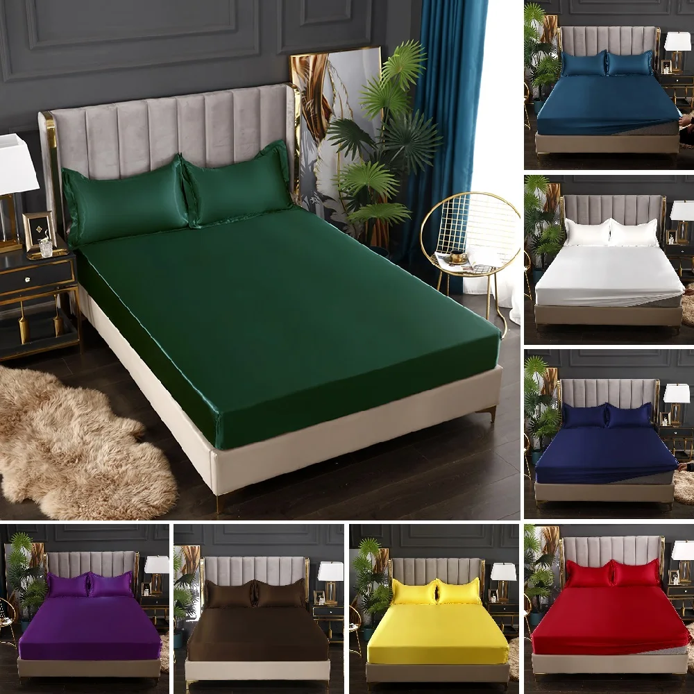 2022 New Rayon Bedsheet Satin Silk Fitted Sheet High-End Solid Color Mattress Cover Elastic Band Bed Sheet  Bedding Set