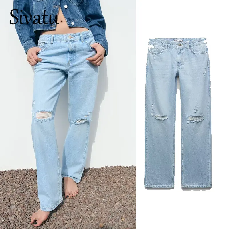 

Sivatu Traf Jeans for Women Light Blue Pants Wide Leg Trouser Women Jeans Ripped Trousers Y2k Streetwear Ripped Denim Wide Pants