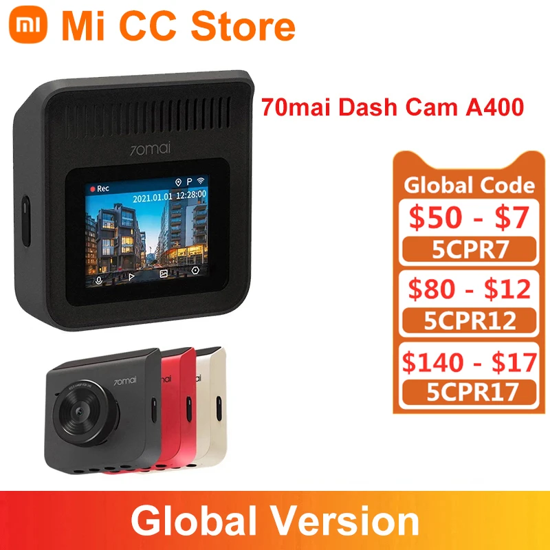 $52.99 Global Version 70mai Dash Cam A400 Recorder 1440P Resolution Car DVR Night Vision Back Sight APP Control Mini Car Camcorder