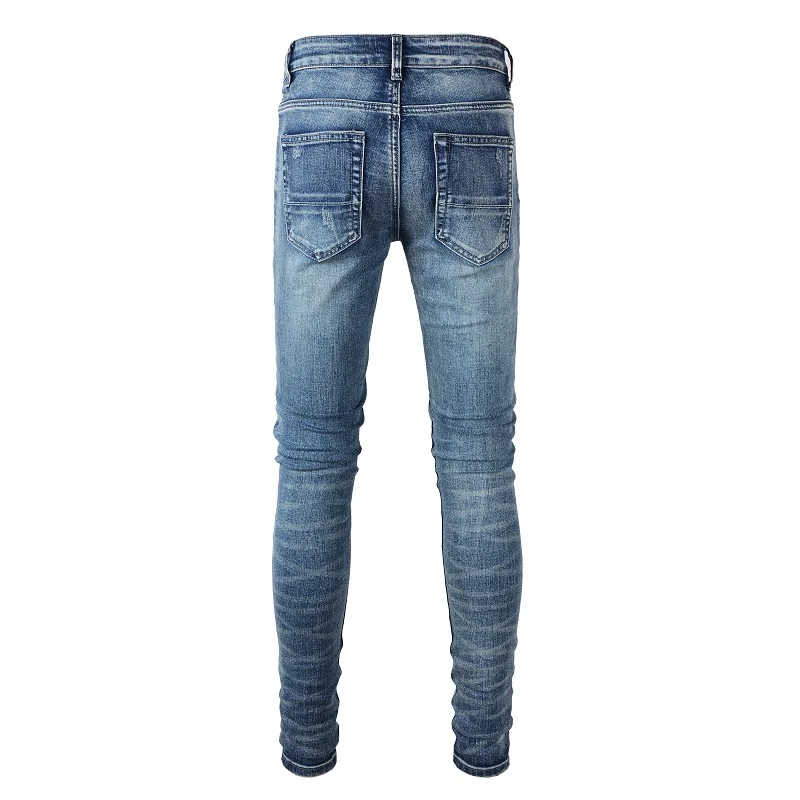 High Street Fashion Men Jeans Retro Blue Elastic Slim Hole Ripped Jeans Men Leather Patched Designer Brand Hip Hop Pants Hombre