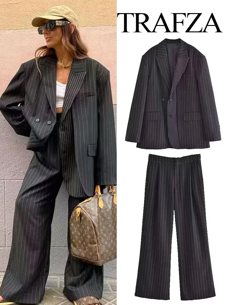 

TRAFZA 2023 Woman Autumn Oversize Coat Suit Office Women Blazer Elegant Outerwear Jackets Women Striped Blazer Outfits Jacket